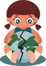 A cute little girl cries, sits and hugs the fractured planet Earth. Vector illustration